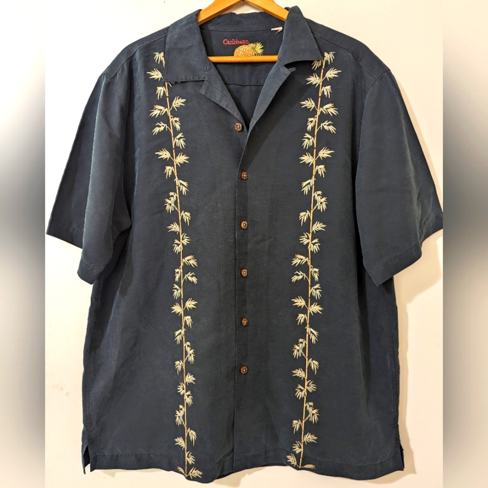 CARIBBEAN Embroidered Bamboo Leaves Hawaiian SHORT SLEEVE BUTTON UP SHIRT